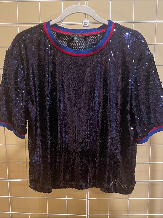 New Look Tops - New Look Navy Blue Sequined Top, Size L, boxy, roomy silhouette, dressy, stretch